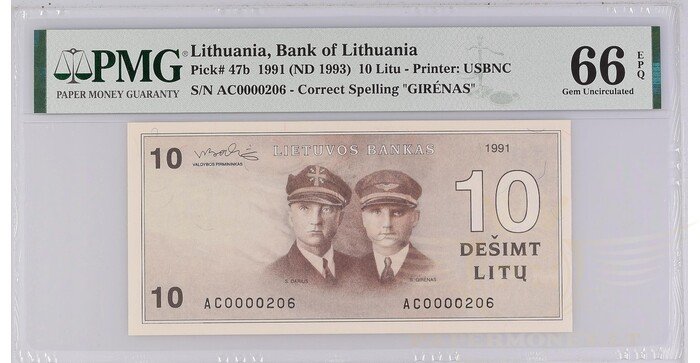 #47a 1991 m. 10 litų  AC serija žemas numeris PMG66!