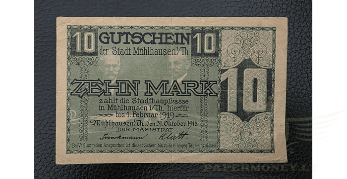 Vokietija 1918 10 markių VF - GERMANY 10 Mark 1918 City of Mühlhausen Thuringia, VF