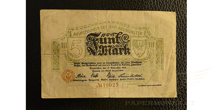 Vokietija 1918 5 markės VF - Neumünster/ Stadt, 5 Mark, 1918 Germany, VF
