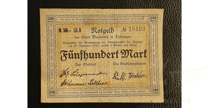 Vokietija 1922, 500 markių VF - Meuselwitz 500 Mark 1922 Notgeld der Stadt, Thüringen, Germany, VF