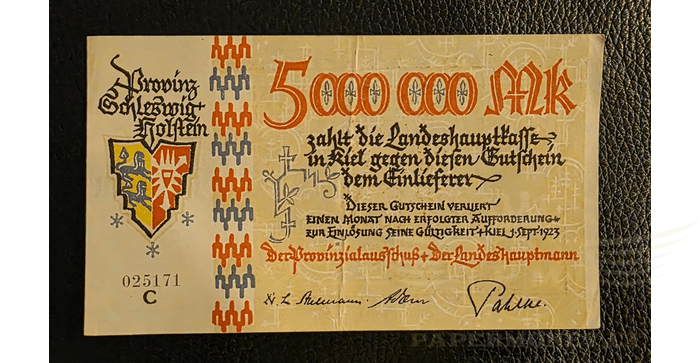 Vokietija 1923, 5 milijonai markių VF - Germany Kiel 5 Millionen Mark 1923, VF