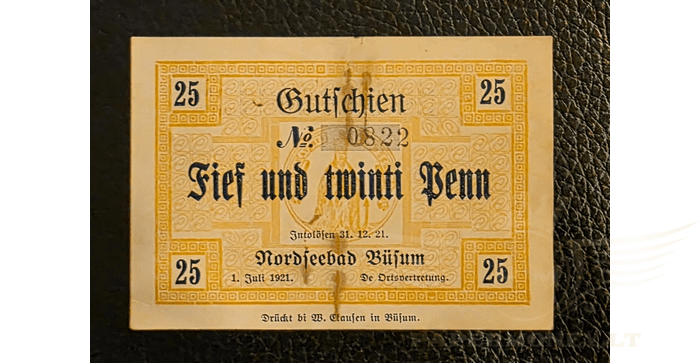 Vokietija 1921, 25 pfenigiai  VF - Germany, Büsum, 25 Pfennig, personnage, 1921 Circulated