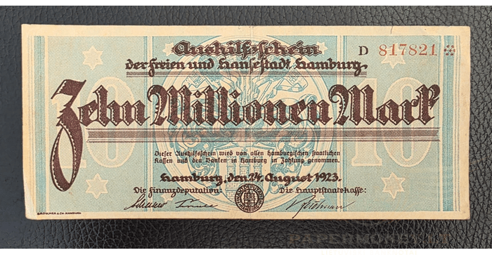 Vokietija 1923, 10 milijonų markių VF - GERMANY BANKNOTE 10 MILLION MARK HAMBURG 1923, VF