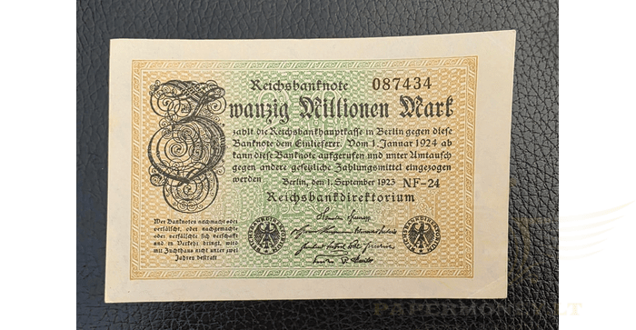 Vokietija 1923, 20 milijonų markių XF - 1923 Germany Hyper Inflation 20.000.000 / 20 Million Mark Banknote, xf
