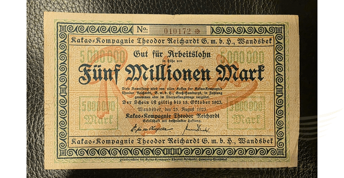 Vokietija 1923, 5 milijonai markių VF - Germany 5 Mln Mark 1923 Hamburg / Wandsbek - Kakao Kompagnie, VF