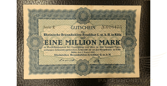 Vokietija 1923, 1 milijonas markių aUNC - Cologne. Rheinische Braunkohlen-Syndikat . Banknote. 1 million mark, aunc, 1923