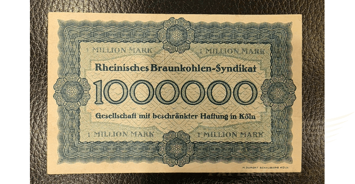 Vokietija 1923, 1 milijonas markių aUNC - Cologne. Rheinische Braunkohlen-Syndikat . Banknote. 1 million mark, aunc, 1923