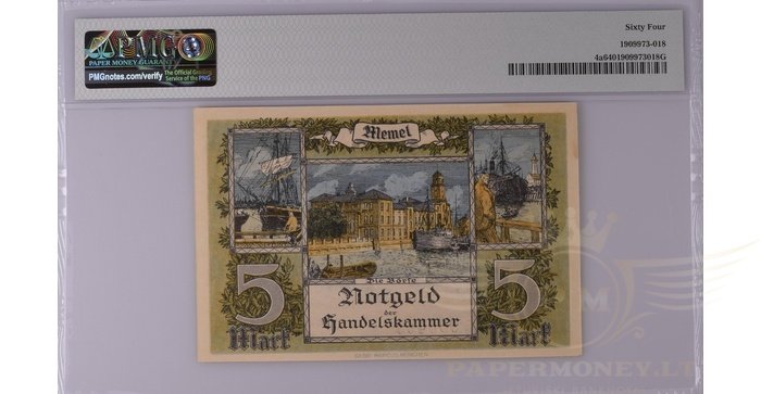 1922 m. 5 Memel markės PMG64 žemas numeris