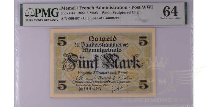 1922 m. 5 Memel markės PMG64 žemas numeris