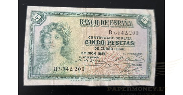 Ispanija  5 pesetos, VF, 1935