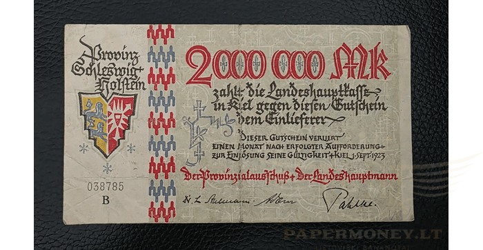 Vokietija 1923 2 milijonai markių VF - Germany - Kiel 2 Millionen Mark 1923 Provinz Schleswig Holstein, VF