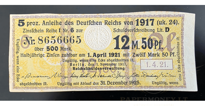Vokietija 1917-1921, 12,50 markių XF - GERMANY - Reichsschuldenverwaltung 12 mark 50 pfennig, 1917-1921, XF