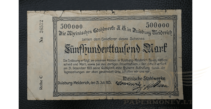 Vokietija 1923 500 000 markių VF - GERMANY BANKNOTE 500000 MARK DUISBURG-MEIDERICH 1923, VF