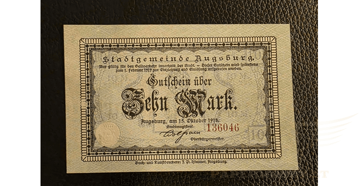 Vokietija 1918 10 markių VF -  Augsburg/ Stadt, 10 Mark, 1918 Germany - VF