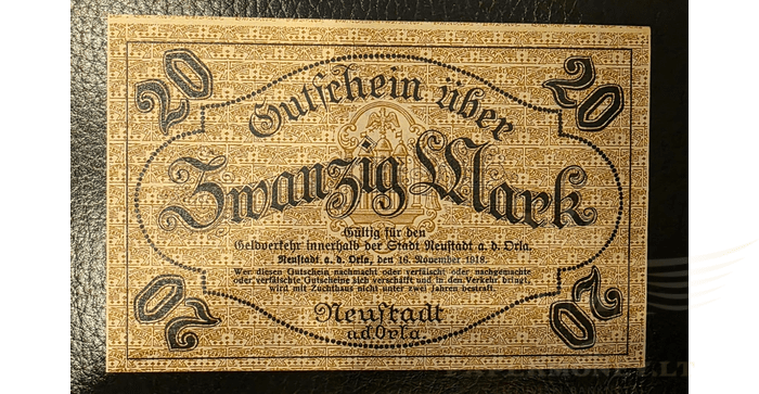 Vokietija 1918, 20 markių aUNC - Germany 20 Mark Neustadt a. d. Orla 16.11.1918 notgeld, aUNC