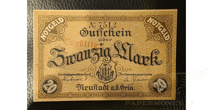 Vokietija 1918, 20 markių aUNC - Germany 20 Mark Neustadt a. d. Orla 16.11.1918 notgeld, aUNC