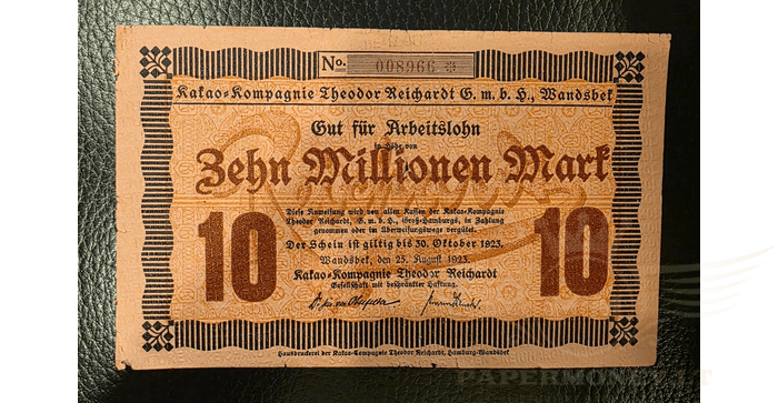 Vokietija 1923, 10 milijonų markių VF - Germany Hamburg 10 Mln. Mark 25.8.1923 Wansbek, Kakao-Kompagnie, VF