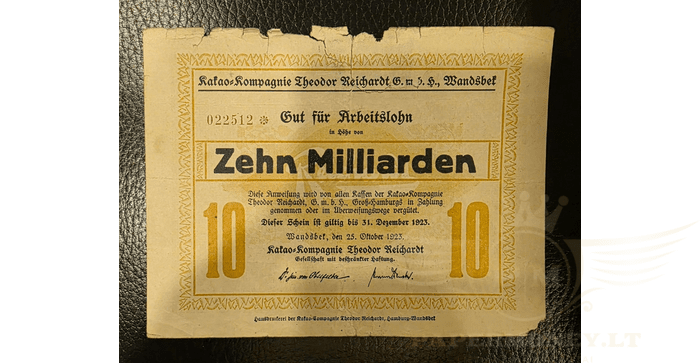 Vokietija 1923, 10 milijardų markių VF - Germany, Wandsbek Hamburg 10 Milliarden Mark Kakao Kompagnie Notgeld, VF, 1923