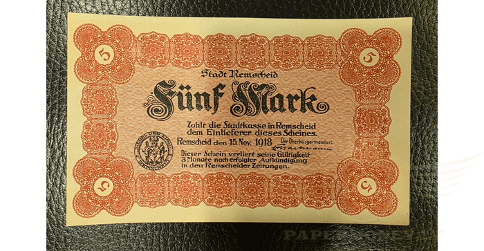 Vokietija 1918 5 markės aUNC - Remscheid/ Stadt, 5 Mark, 1918 Germany, Grossgeld, Inflation, 1918-1920, aUNC
