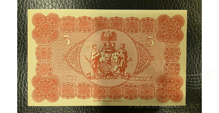 Vokietija 1918 5 markės aUNC - Remscheid/ Stadt, 5 Mark, 1918 Germany, Grossgeld, Inflation, 1918-1920, aUNC