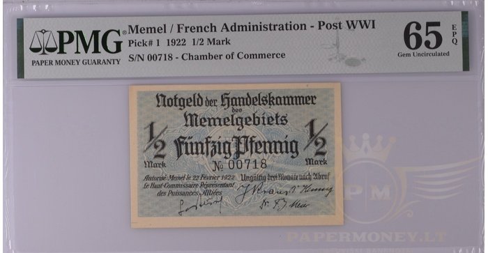 1922 m. 1/2 Memel markės žemas numeris PMG65
