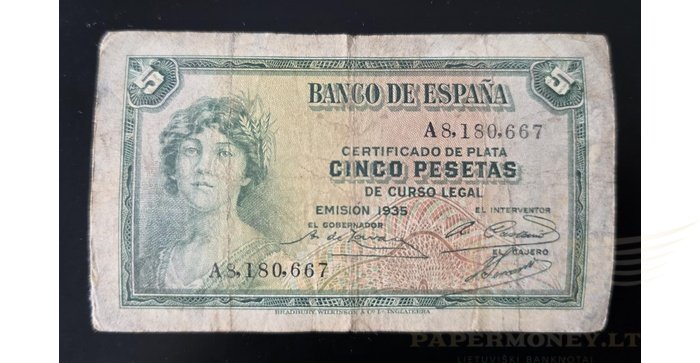 Ispanija  5 pesetos, VF, 1935