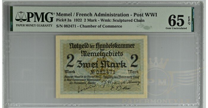 1922 m. 2 Memel markės PMG65!
