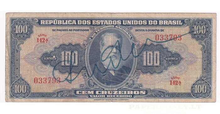 Brazilija 100 cruseiros VF autograph