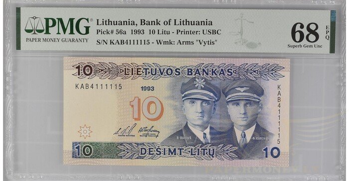 #56 1993 m. 10 litų  KAB serija PMG68!