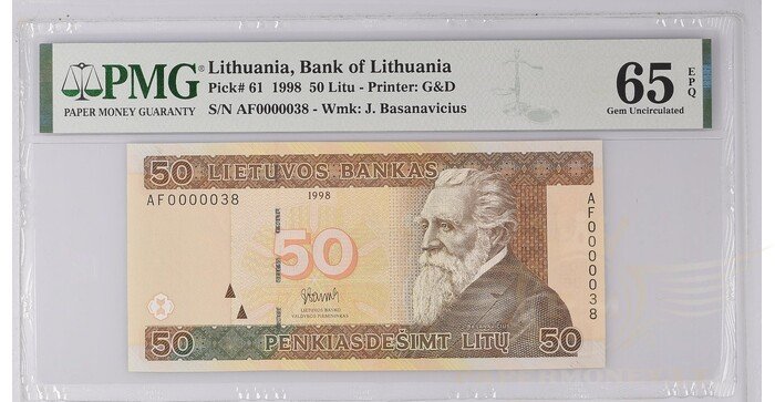 #61 1998 m. 50 litų  AF serija extra žemas numeris PMG65!