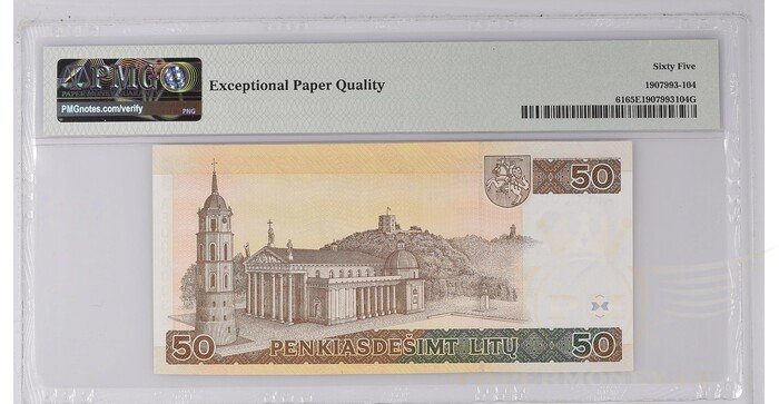 #61 1998 m. 50 litų  AF serija extra žemas numeris PMG65! 1