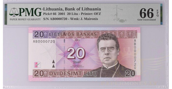 #66 2001 m. 20 litų AB serija žemas numeris PMG66 !