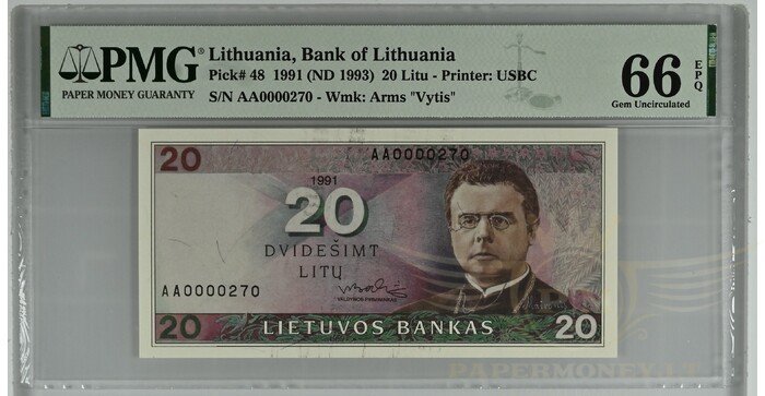 #48 1991 m. 20 litų  AA serija žemas numeris PMG66!