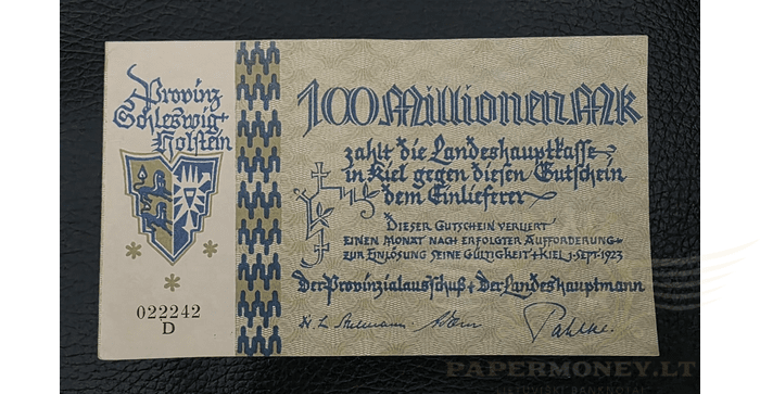 Vokietija 1923 1000 milijonų markių XF - Germany - Kiel, 100 Millionen Mark, Provinz Schleswig Holstein, XF
