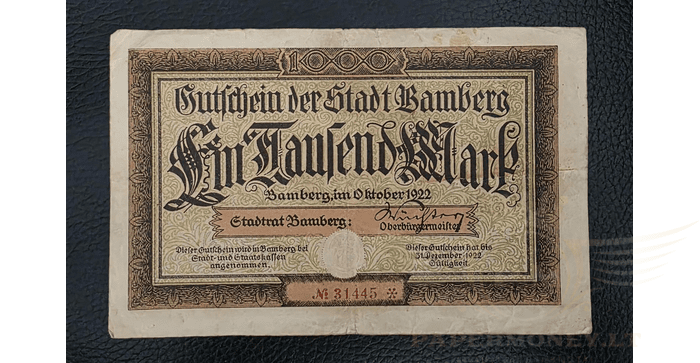Vokietija 1922 1000 markių VF - GERMANY 1922-NOTGELD BAMBERG-1000 MARK, vf