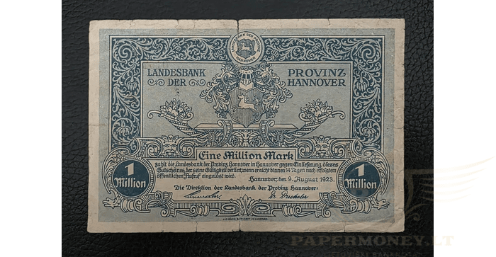 Vokietija 1923 1 milijonas markių VF - GERMANY 1 Million Mark 1923 Hannover, VF
