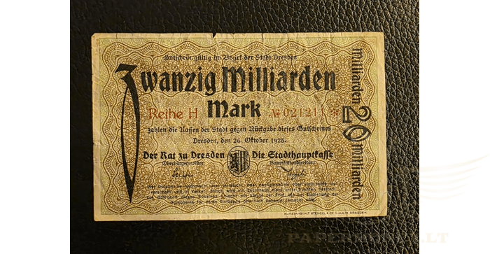Vokietija 1923 20 milijardų markių VF - GERMANY Dresden 20 Milliarden Mark 26.10.1923, VF