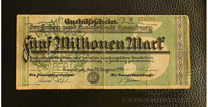 Vokietija 1923, 5 milijonai markių VF - GERMANY BANKNOTE 5 MILLION MARK HAMBURG 1923, VF