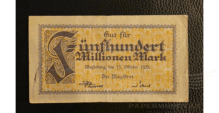 Vokietija 1923, 500 milijonų markių VF - 500 Millionen Mark Banknote Stadt Magdeburg 15.10.1923 , VF