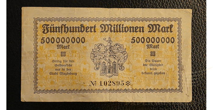 Vokietija 1923, 500 milijonų markių VF - 500 Millionen Mark Banknote Stadt Magdeburg 15.10.1923 , VF