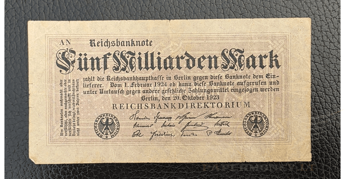 Vokietija 1923, 5 milijardai markių VF - Germany 5 Billion Mark, 1923, P-123, Used