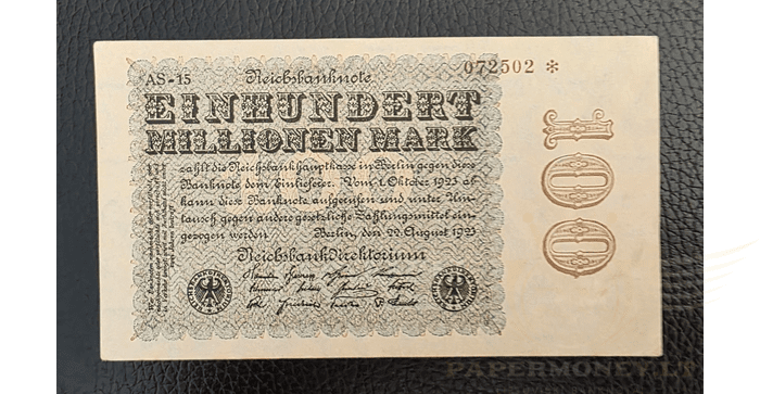 Vokietija 1923, 100 milijonų markių XF -  Germany 100 Million Mark 22-Aug. 1923 P-107 Hyperinflation, XF