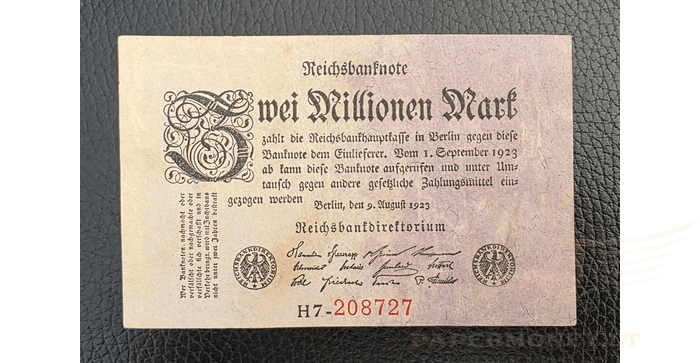 Vokietija 1923, 2 milijonai markių VF - Germany 2 Millionen - Million Mark Banknote, 1923, P-103a.2, VF