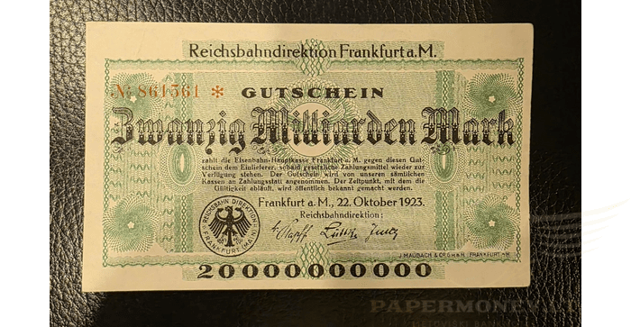 Vokietija 1923,  20 milijardų markių aUNC - GERMANY BANKNOTE 20 BILLION MARK FRANKFURT 1923 aUNC