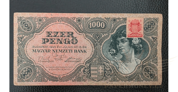 Vengrija 1945 1000 pengo VF - Hungary 1000 pengo 1945, VF