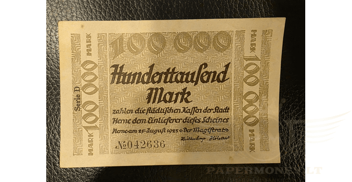Vokietija 1923, 100 000 markių XF - GERMANY HERNE 100000 MARK 1923 NOTGELD, XF