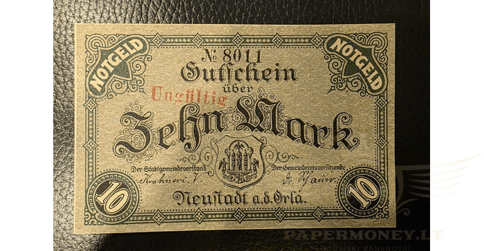 Vokietija 1918, 10 markių aUNC - Germany 10 Mark Neustadt a. d. Orla 16.11.1918 notgeld, aUNC