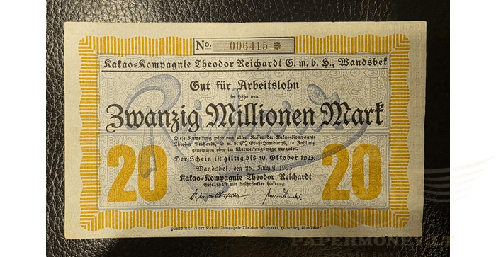 Vokietija 1923, 20 milijonų markių VF - Germany 20 MLN. Mark 1923 Hamburg / Wandsbek - Kakao Kompagnie , VF