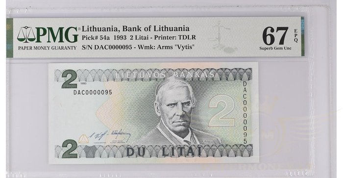 #54 1993 m. 2 litai  DAC serija extra žemas numeris PMG67!