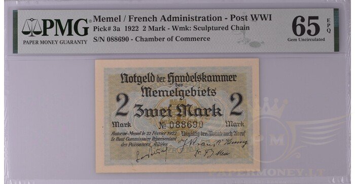 1922 m. 2 Memel markės PMG65!